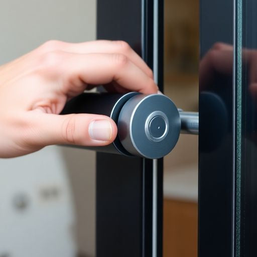 Close-up of sliding glass door rollers being adjusted.
