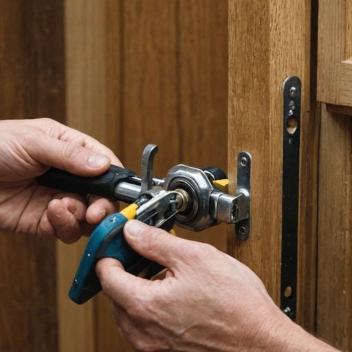 Person replacing sliding door handle with tools
