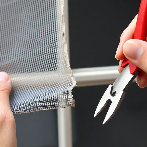 Hands removing an old window screen without tabs.
