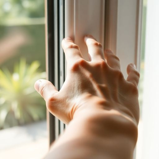 Hand sliding a window open, revealing a garden view.