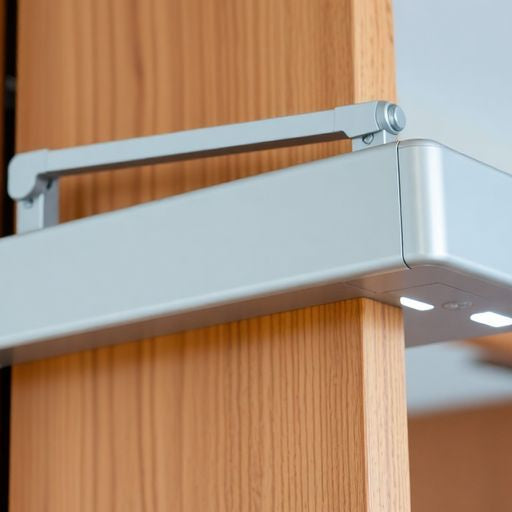 Close-up of a door closer installed on a door.