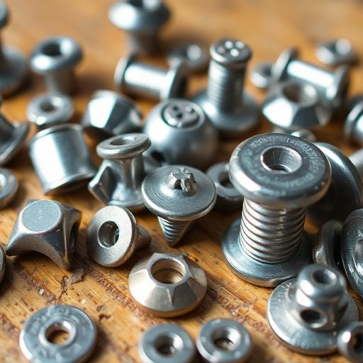 Close-up of different types of rivets on wood.
