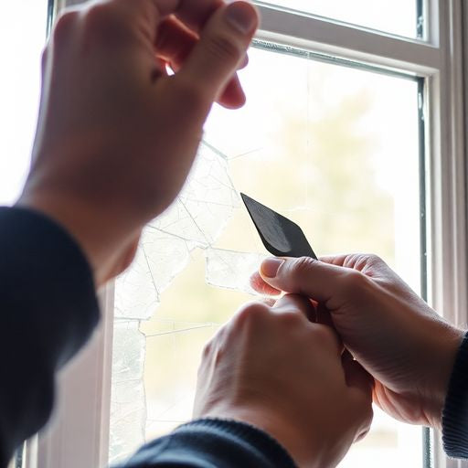 Person fixing a broken window with tools.