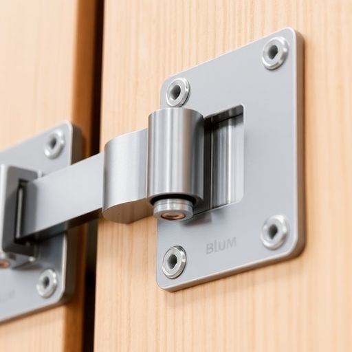 Close-up of Blum hinges on a cabinet door.