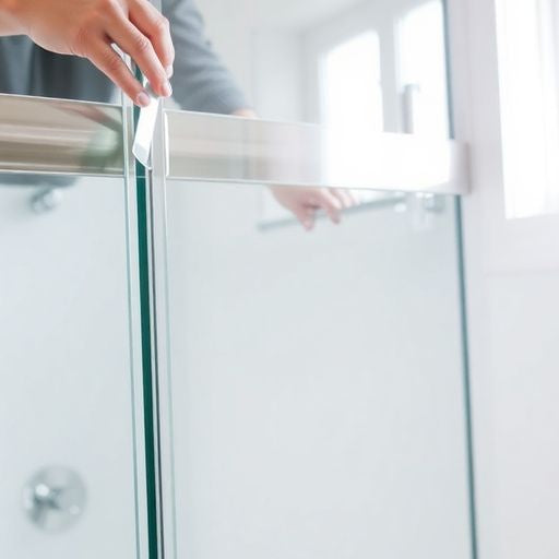 Person removing shower doors from track in bathroom.