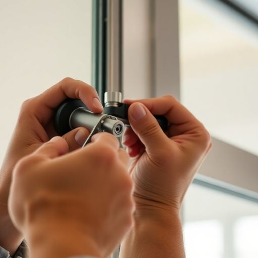 Technician adjusting sliding glass door rollers with tools.
