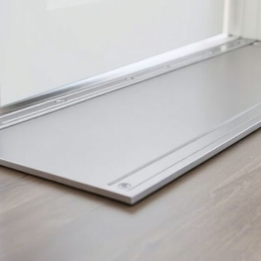 Close-up of a durable metal door threshold installation.