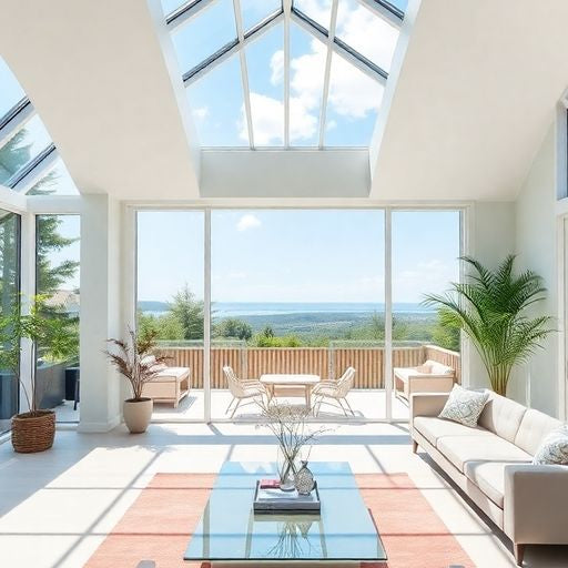 Modern home interior with large atrium windows.