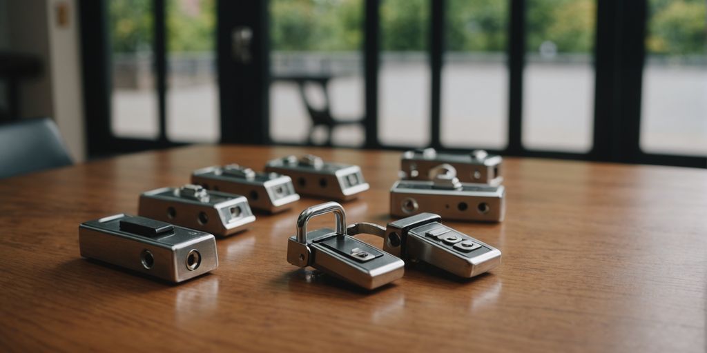 Different sliding glass door locks on a wooden surface.