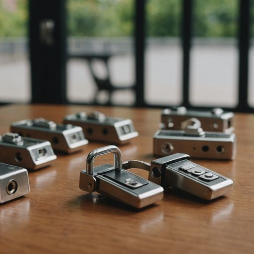 Different sliding glass door locks on a wooden surface.