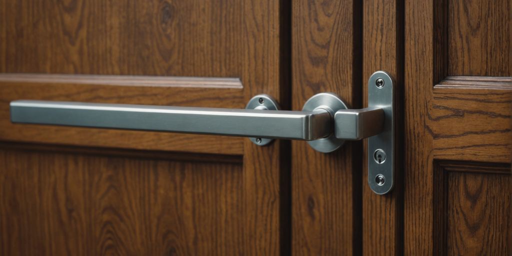 Sleek sliding door handle on a wooden door.