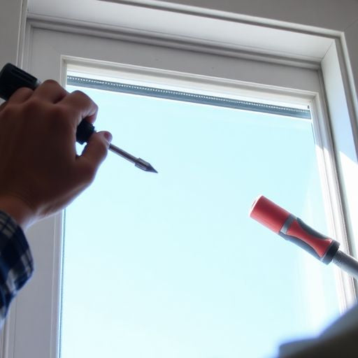 Person replacing a window with tools in hand.