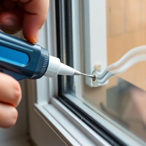 Close-up of hand using caulking gun on window.