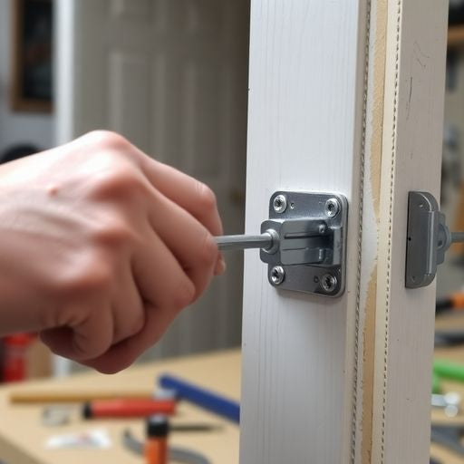 A person adjusting door hinges with a screwdriver.