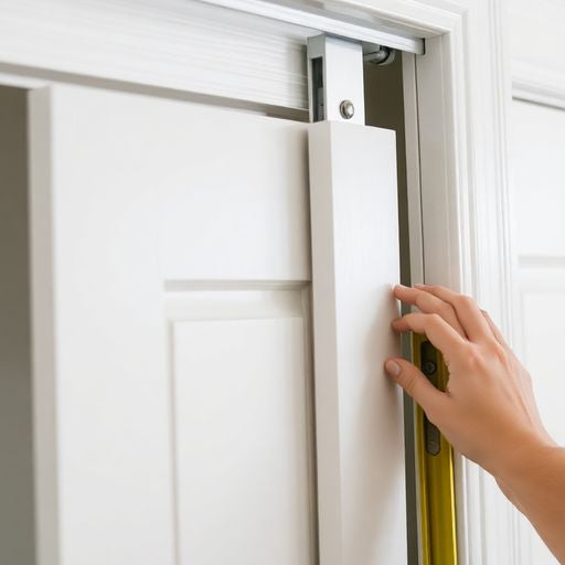 Hand fixing sliding closet door on track.