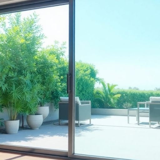 Modern sliding glass door leading to a sunny patio.