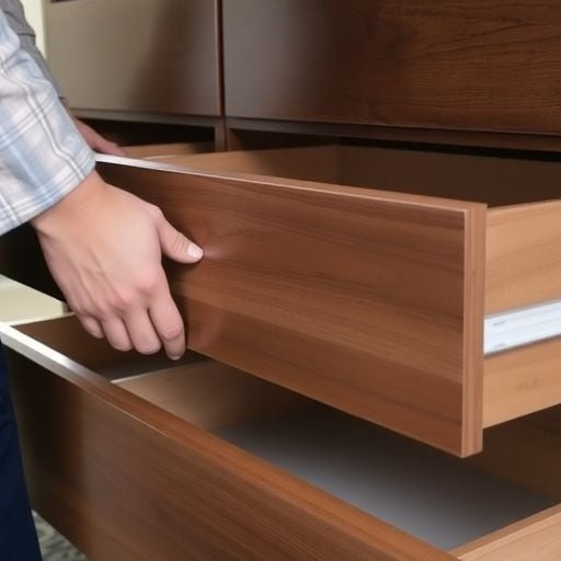 Person removing dresser drawers with bottom slides.