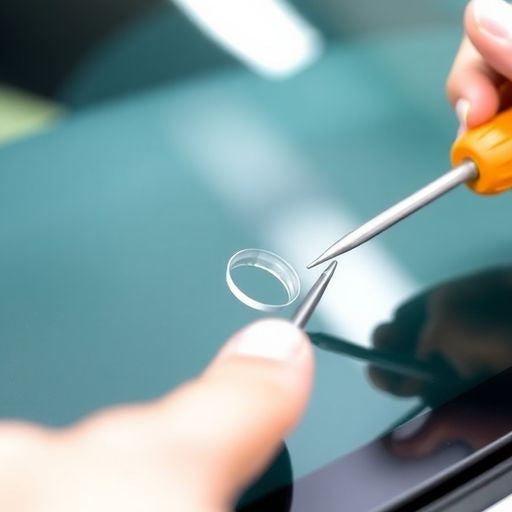 Photograph of windshield repair equipment on a car.