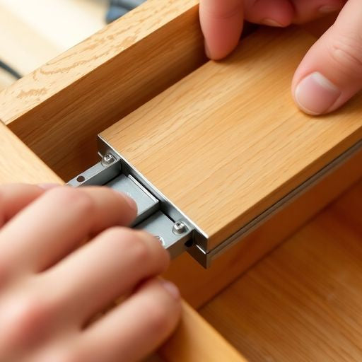 Hands removing ball bearing drawer slide from cabinet.