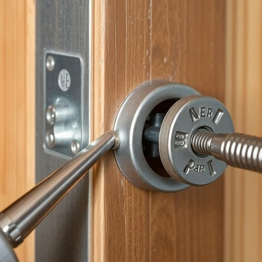 Close-up of a door latch adjustment process.