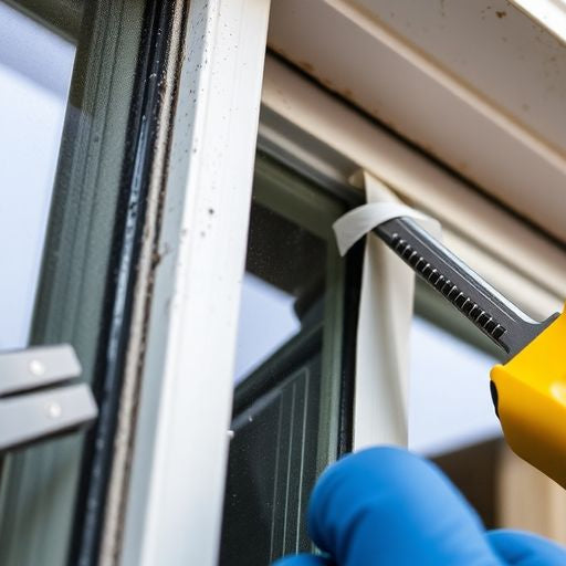 Installation of weather stripping on a window frame.