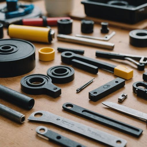 Tools and materials for weatherstripping doors on a workbench.