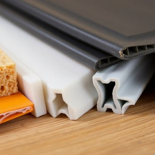 Different types of weather stripping materials on a wooden surface.