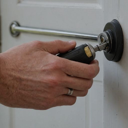 Hand using screwdriver on sliding door handle.