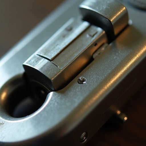 Close-up of a thumb lock mechanism.