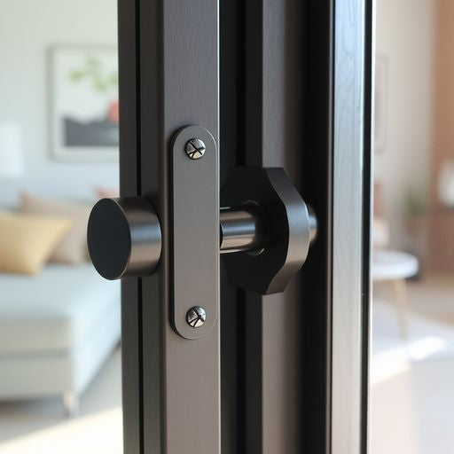Modern sliding glass door lock in sunlit room