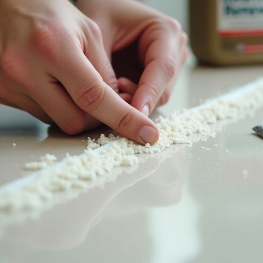 Hands removing weatherstrip adhesive from a surface.