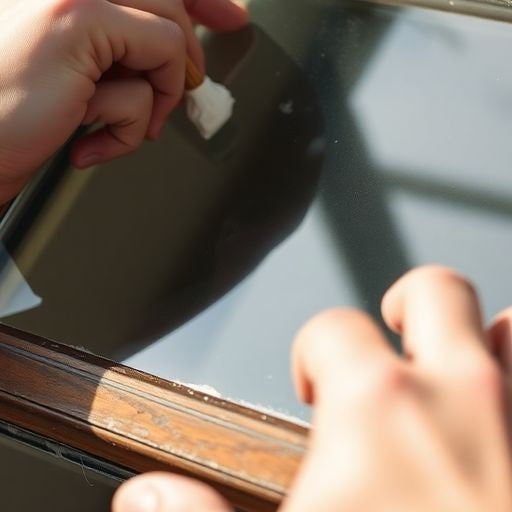 Hands reglazing an old window with fresh putty.
