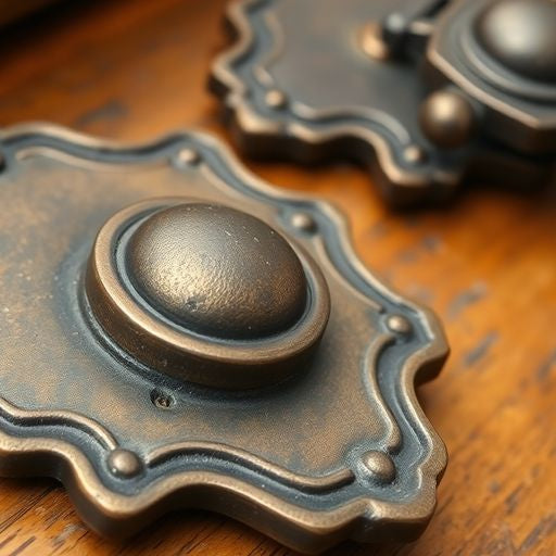 Close-up of antique bail pulls on vintage furniture.
