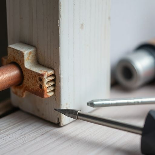 Close-up of a stuck door latch and repair tools.