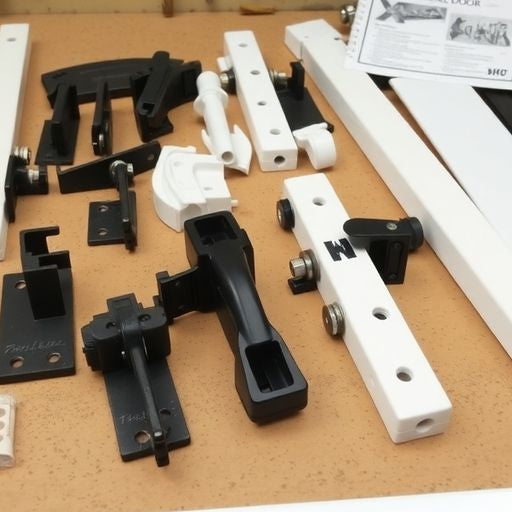 Photograph of Andersen storm door parts on a workbench.