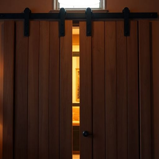 Close-up of a barn door with a gap.