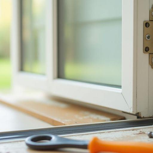 Close-up of a malfunctioning storm door with tools.
