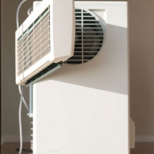 Tilted air conditioner in a stylish room interior.