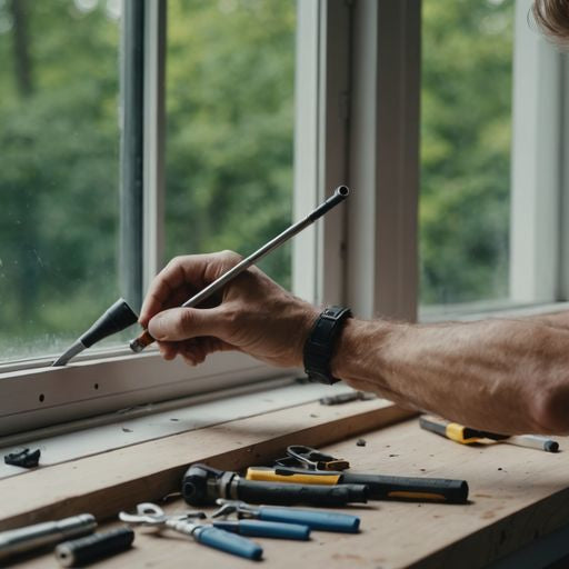 Person replacing window seal with tools and materials