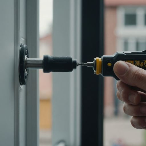 Installing window latch with screwdriver close-up