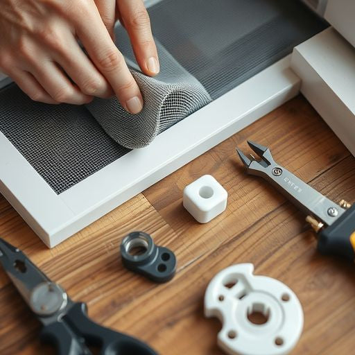 Hands repairing a window screen with tools