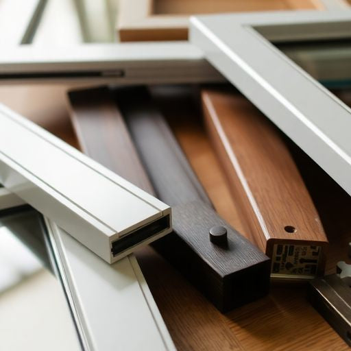 Close-up of Andersen window parts on a wooden surface.