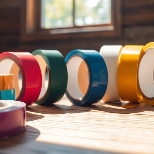 Colorful rolls of butyl tape on a wooden surface.