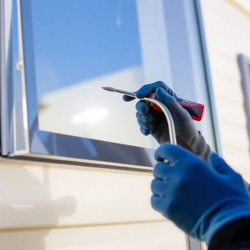 Person removing a window from a mobile home.