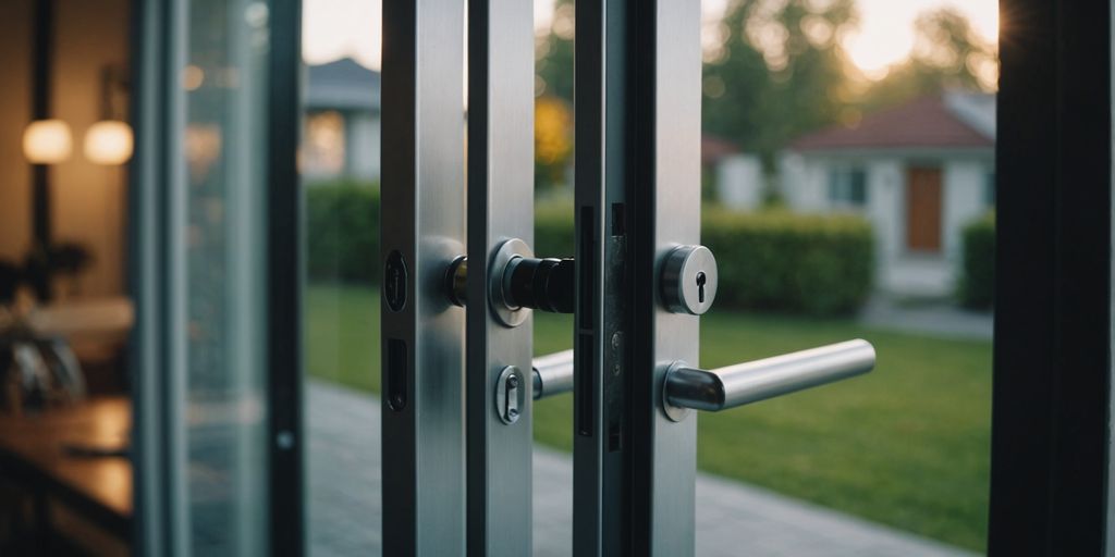 Sliding glass door lock securing a modern home.