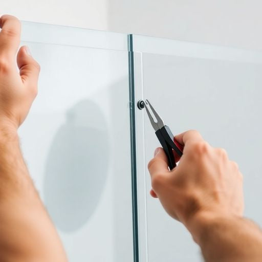 Person removing a hinged shower door with tools.