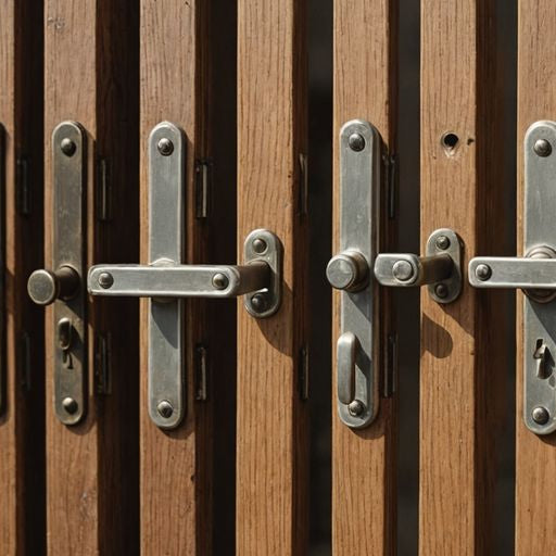 Various window latches on a wooden surface