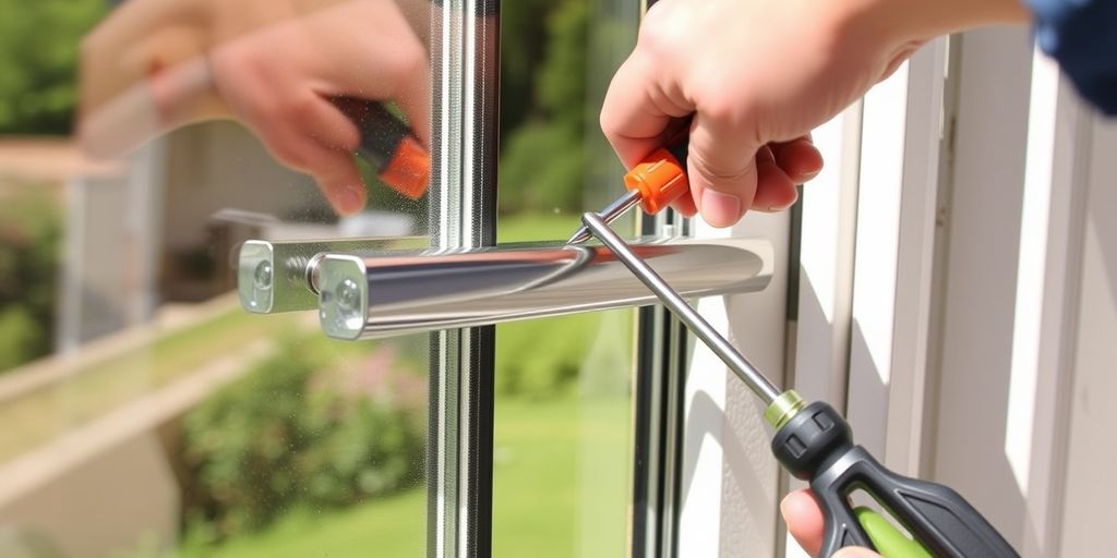 Replacing a sliding door handle with a screwdriver.