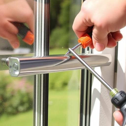 Replacing a sliding door handle with a screwdriver.