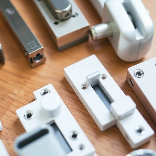 Different window locks for home security on a wooden surface.